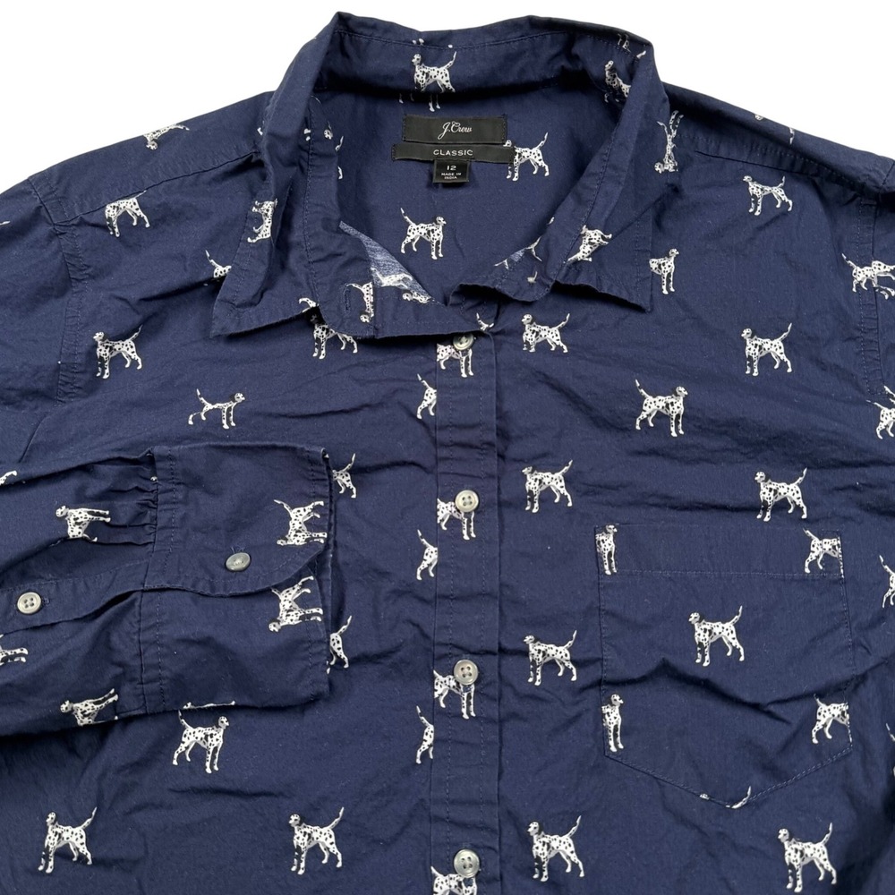 J Crew Classic Popover Shirt Womens 12 Navy Blue Dalmatian Dog Print K3871